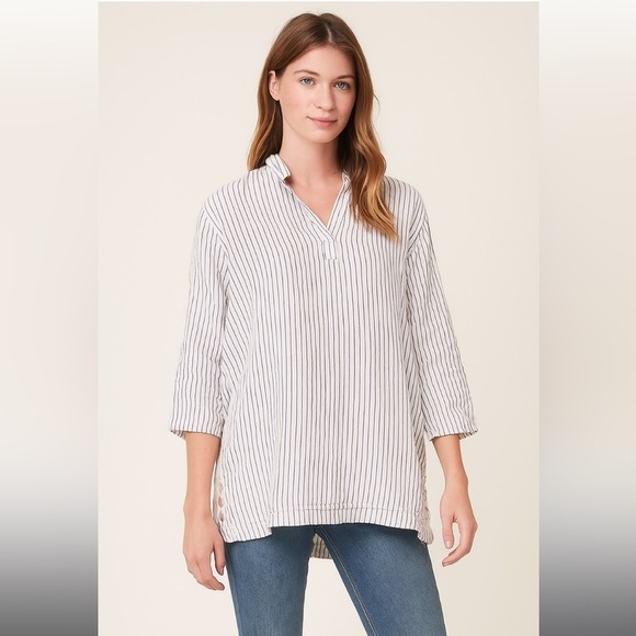 Sigrid Olsen linen 1x blouse striped top mother of Pearl buttons $140 - Picture 1 of 5